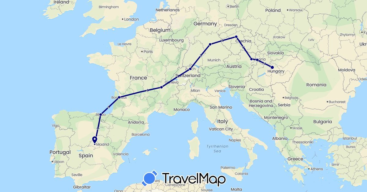TravelMap itinerary: driving in Austria, Switzerland, Czech Republic, Germany, Spain, France, Hungary, Slovakia (Europe)