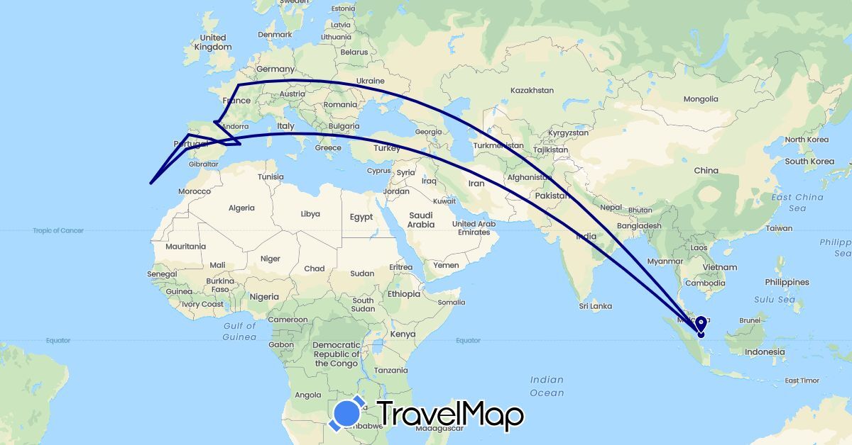 TravelMap itinerary: driving in Spain, France, Portugal, Singapore (Asia, Europe)
